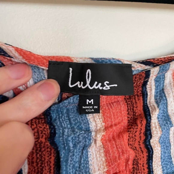 Cream, rust, and blue striped crop top with open draped back - Picture 2 of 3